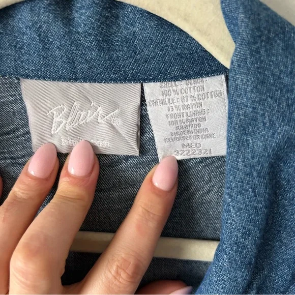 Vintage Blair zip front denim jacket chenille knit front Aztec southwestern M - Picture 3 of 7